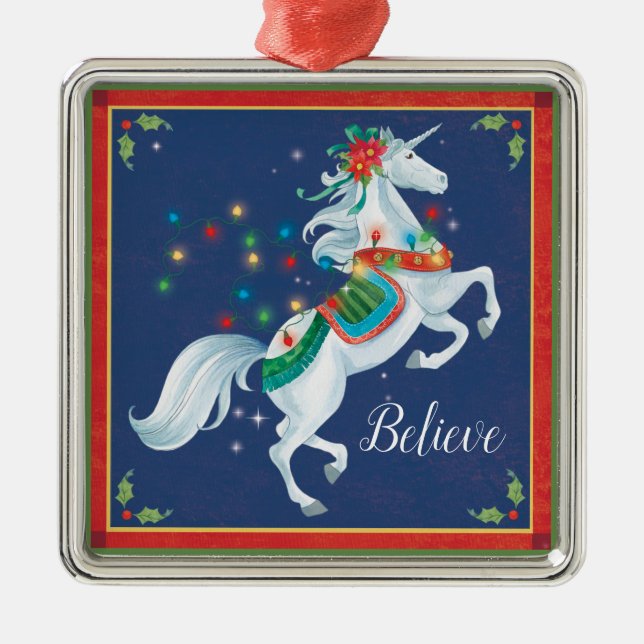 WeihnachtsEinhorn-Verzierung, "glauben"! Ornament Aus Metall (Vorne)