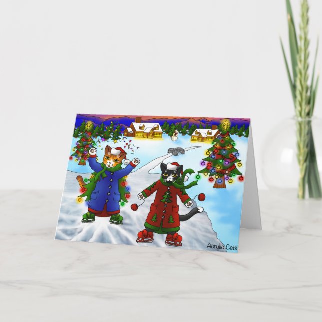 Weihnachtseis-Skaten Cats V2 Karte (Vorderseite)