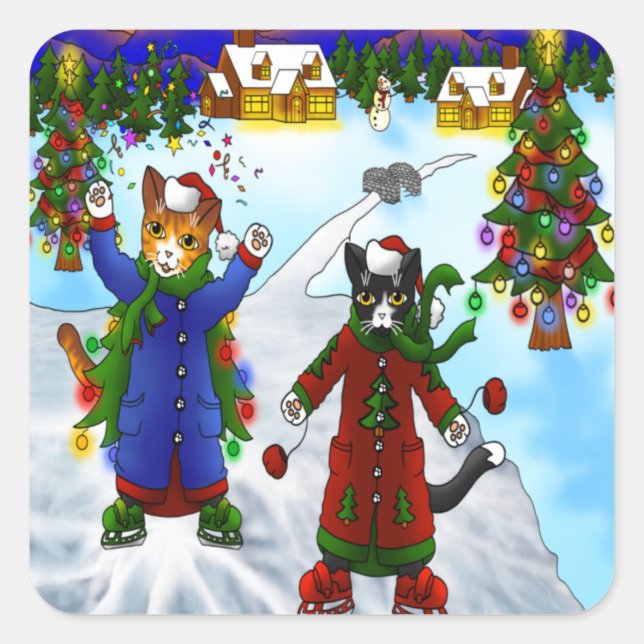 Weihnachtseis-Skaten Cats V2 Quadratischer Aufkleber (Vorderseite)