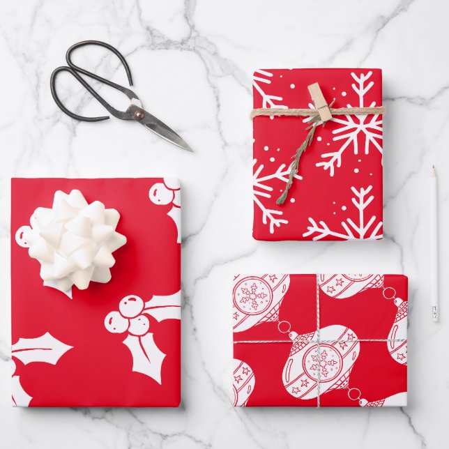 Weihnachtselemente auf roten Umschlagpapier-Blätte Geschenkpapier Set (Vorderseite)