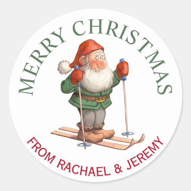 Weihnachtself auf dem Skis Frohe Weihnachten Runder Aufkleber (Vorderseite)