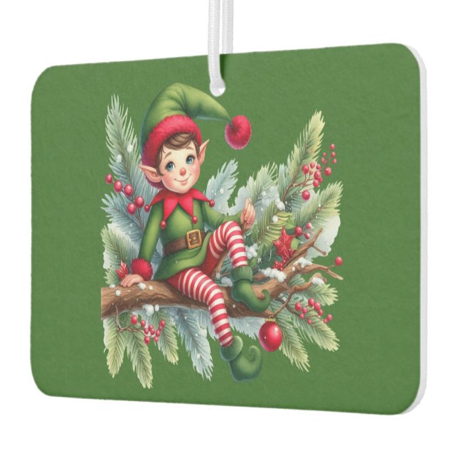 Weihnachtself auf einer Kiefernabzweigung Autolufterfrischer (Links)