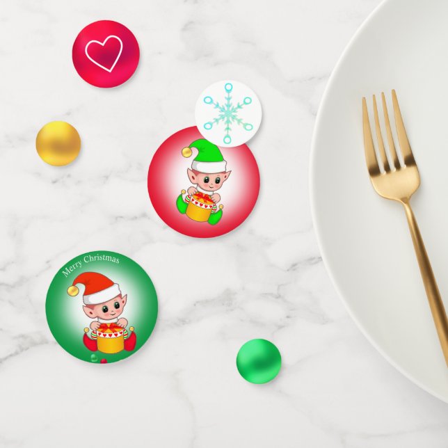Weihnachtself auf Grün & Rot, Herz & Schneeflocke Konfetti (Gruppe)