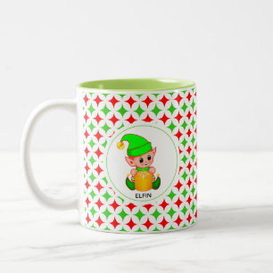 Weihnachtself auf grünem und rotem Diamant-Sternmu Zweifarbige Tasse