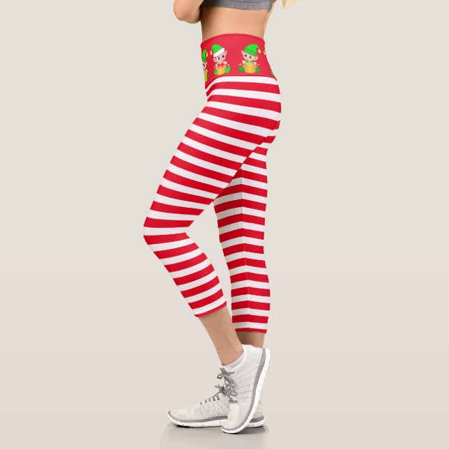 Weihnachtself auf rot-weiß gestreift capri leggings (Links)