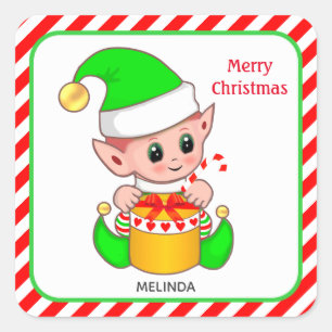 Weihnachtself, benutzerdefinierter Text auf Rot un Quadratischer Aufkleber