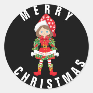 Weihnachtself/Brünett/ mit Wreath/Mas-Aufkleber Runder Aufkleber