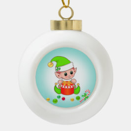 Weihnachtself, Candy Cane & Confetti auf Aquamarin Keramik Kugel-Ornament
