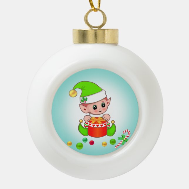 Weihnachtself, Candy Cane & Confetti auf Aquamarin Keramik Kugel-Ornament (Vorderseite)