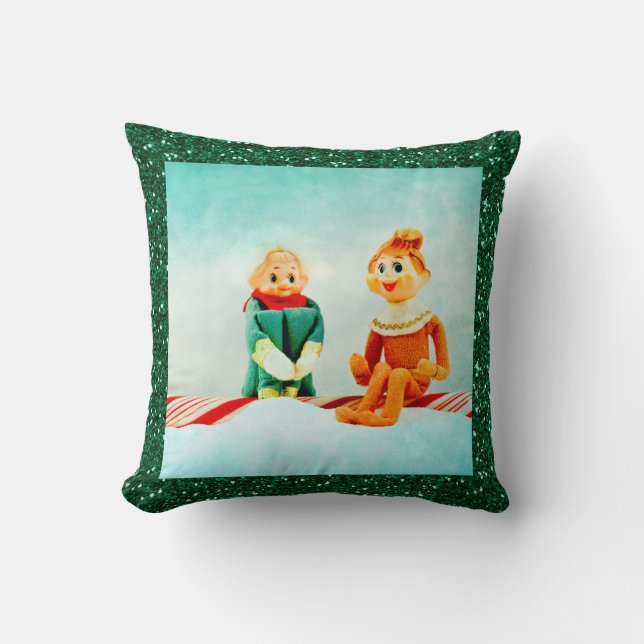Weihnachtself Erstes Datum mit Glitzer-Rahmen Kissen (Vorderseite)