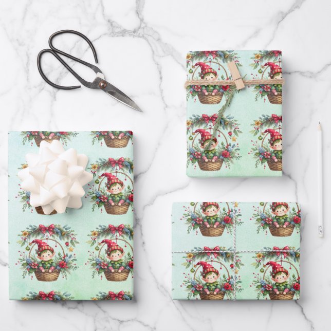 Weihnachtself in einem Blumenkorb Geschenkpapier Set (Vorderseite)