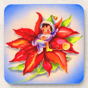 Weihnachtself in einer Poinsettie Getränkeuntersetzer