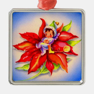 Weihnachtself in einer Poinsettie Ornament Aus Metall