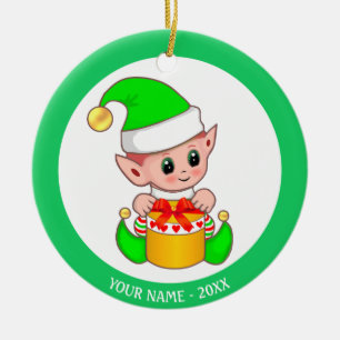 Weihnachtself in Grün & individueller Name Keramik Ornament