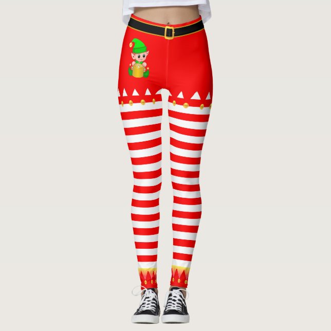 Weihnachtself & Jingle Bells on Red White Striping Leggings (Vorderseite)