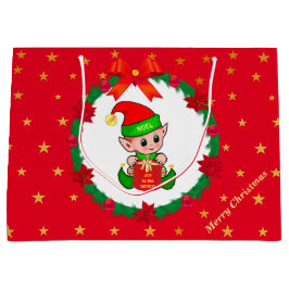 Weihnachtself, Kiefernkranz, Poinsettias & Sterne Große Geschenktüte