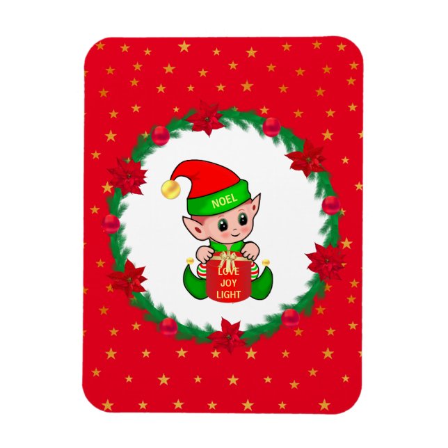 Weihnachtself, Kiefernkranz, Poinsettias & Sterne Magnet (Vertikal)