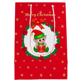 Weihnachtself, Kiefernkranz, Poinsettias & Sterne Mittlere Geschenktüte