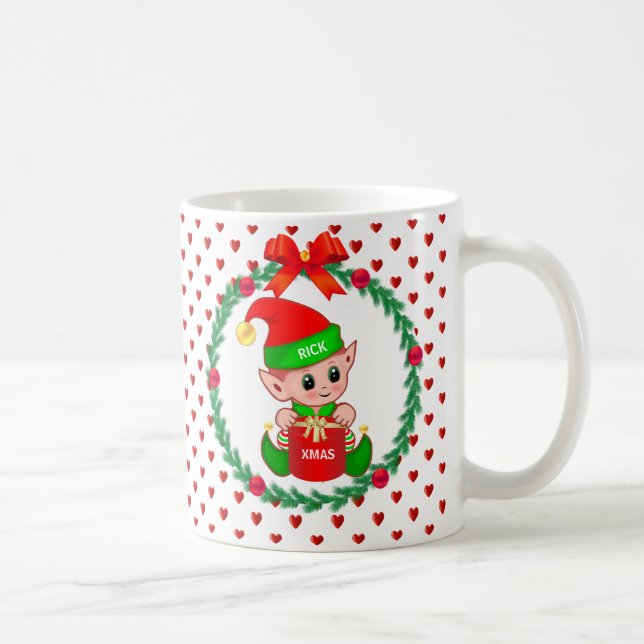 Weihnachtself, Kiefernkranz, rote Bälle & Herzen Kaffeetasse (Rechts)