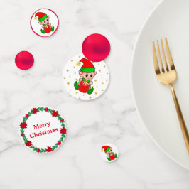 Weihnachtself, Kiefernkranz, rote Bälle und Sterne Konfetti