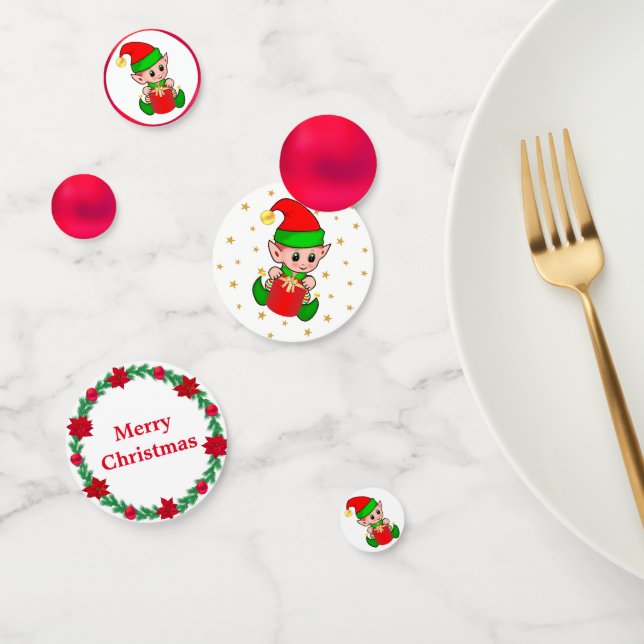 Weihnachtself, Kiefernkranz, rote Bälle und Sterne Konfetti (Gruppe)