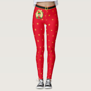 Weihnachtself, Kiefernkranz und Sterne auf Rot Leggings