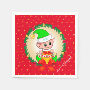 Weihnachtself, Kiefernkranz und Sterne auf Rot Serviette