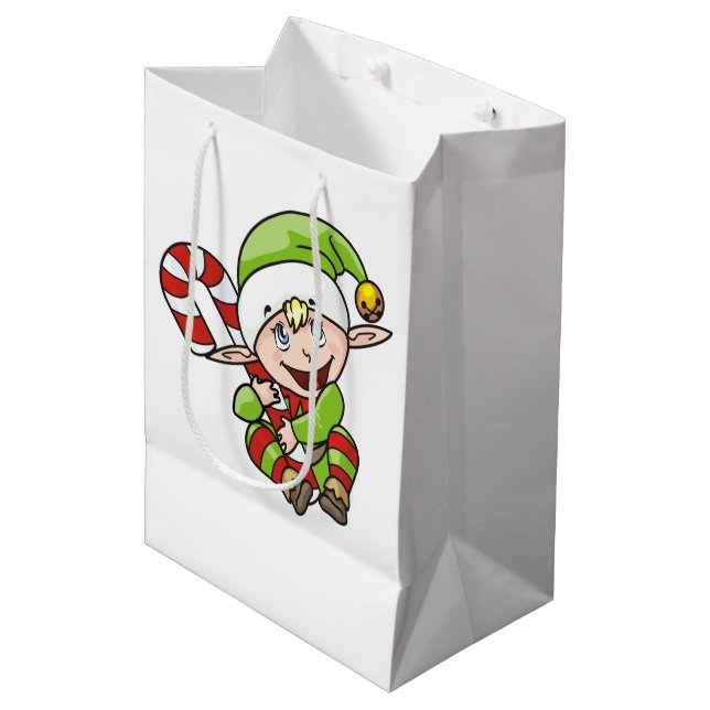 Weihnachtself mit Candy Cane Children's Mittlere Geschenktüte (Vorderseite Schrägansicht)
