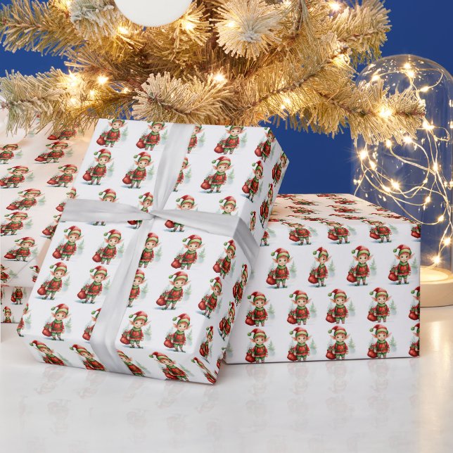 Weihnachtself mit einem Sack von Geschenken Geschenkpapier (Feiertage)
