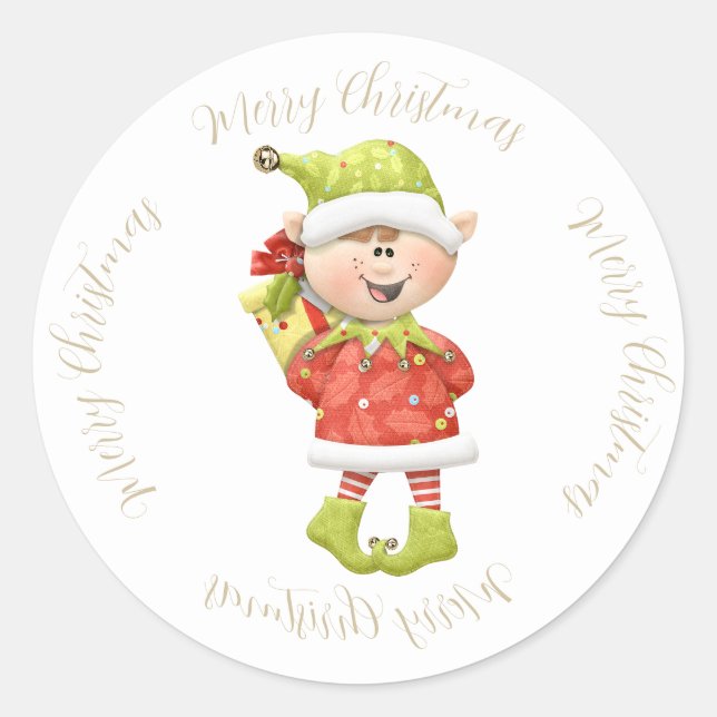 Weihnachtself mit Gegenwart Runder Aufkleber (Vorderseite)