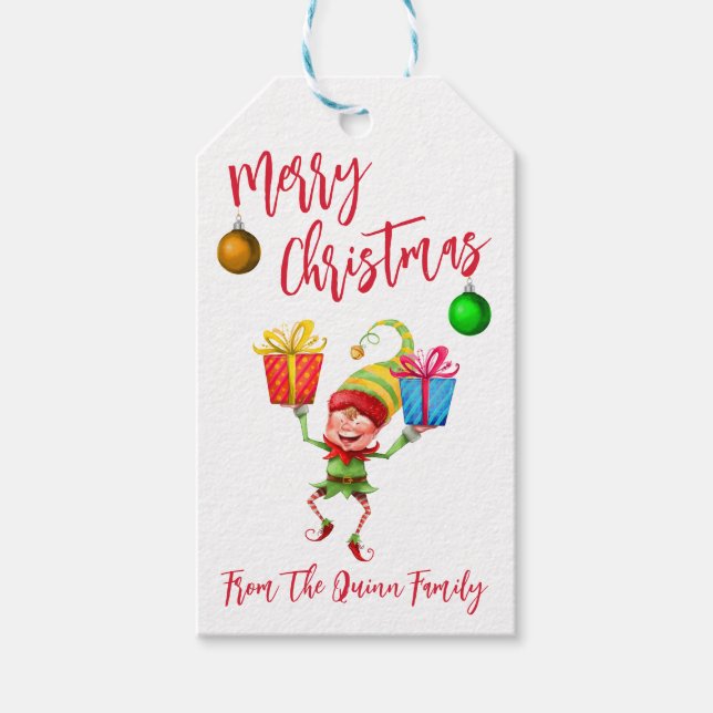 Weihnachtself mit Geschenken Frohen Weihnachtsfeie Geschenkanhänger (Vorderseite)