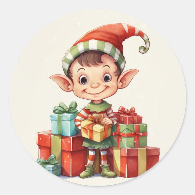 Weihnachtself mit Geschenken Runder Aufkleber (Vorderseite)