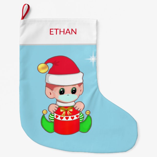 Weihnachtself mit Gesichtsmaske auf hellblau Großer Weihnachtsstrumpf (Vorderseite)