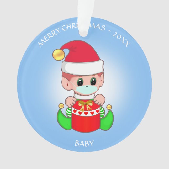 Weihnachtself mit Gesichtsmaske auf hellblau Ornament (Vorderseite)