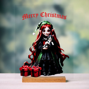 Weihnachtself mit Kitten. Acrylschild
