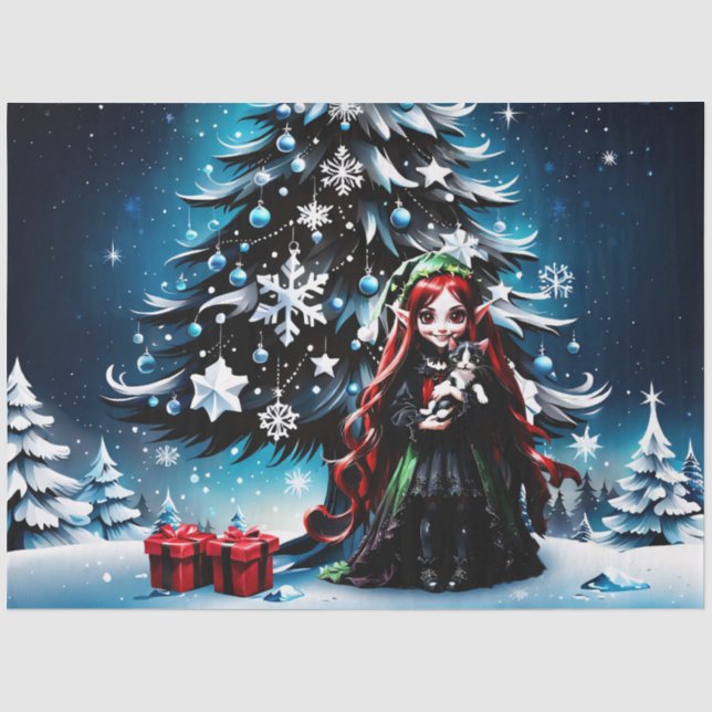 Weihnachtself mit Kitten. Seidenpapier (Vorderseite)