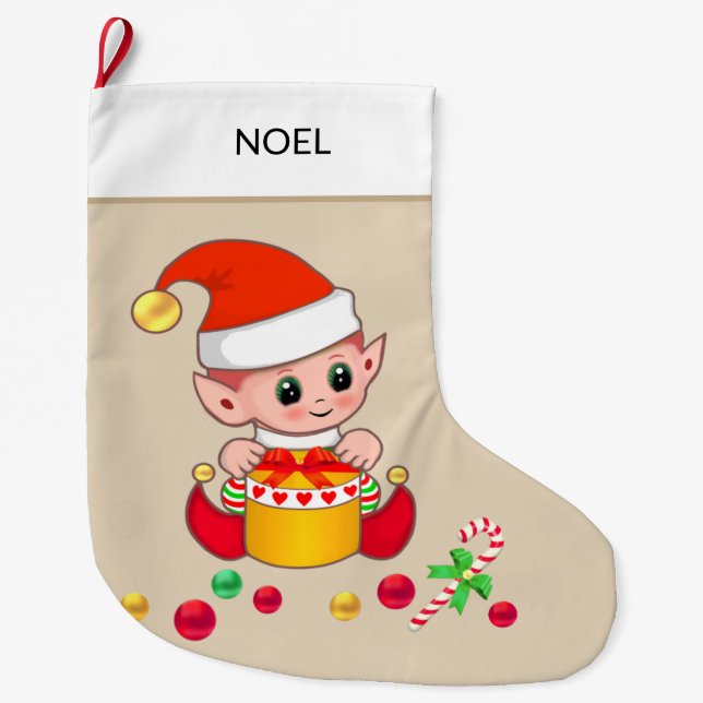 Weihnachtself mit Weihnachtsbällen auf Beige Großer Weihnachtsstrumpf (Vorderseite)