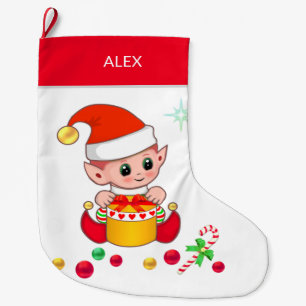 Weihnachtself mit Weihnachtsbällen auf weißem Hint Großer Weihnachtsstrumpf