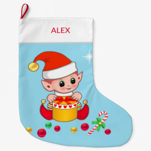 Weihnachtself mit Weihnachtskugeln auf hellblau Großer Weihnachtsstrumpf