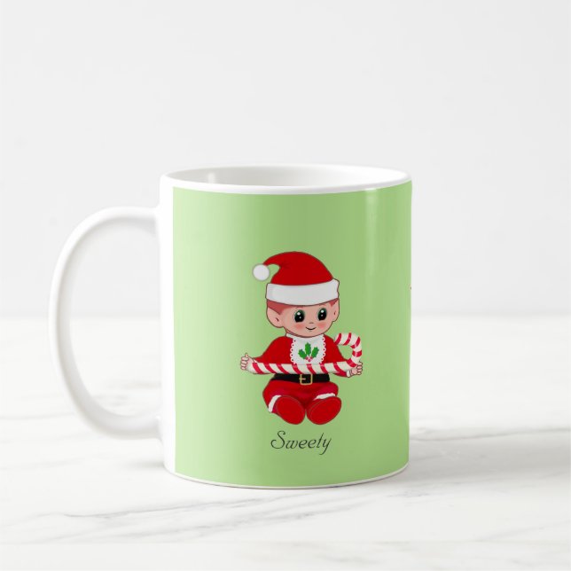Weihnachtself mit Zuckerrohr und grünem Text Kaffeetasse (Links)