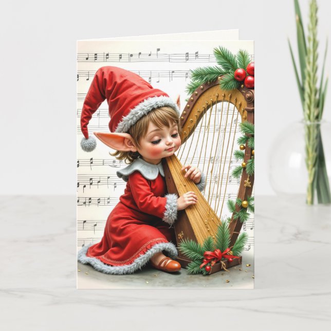 Weihnachtself spielt Harfe Karte (Vorderseite)