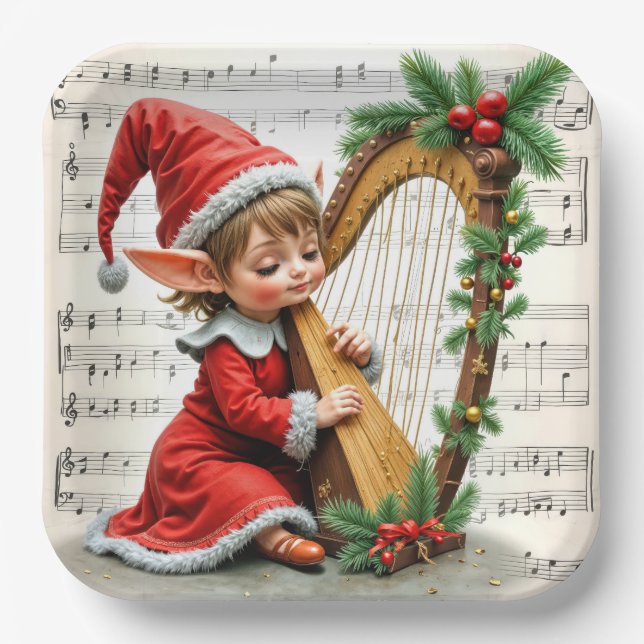 Weihnachtself spielt Harfe Pappteller (Vorderseite)