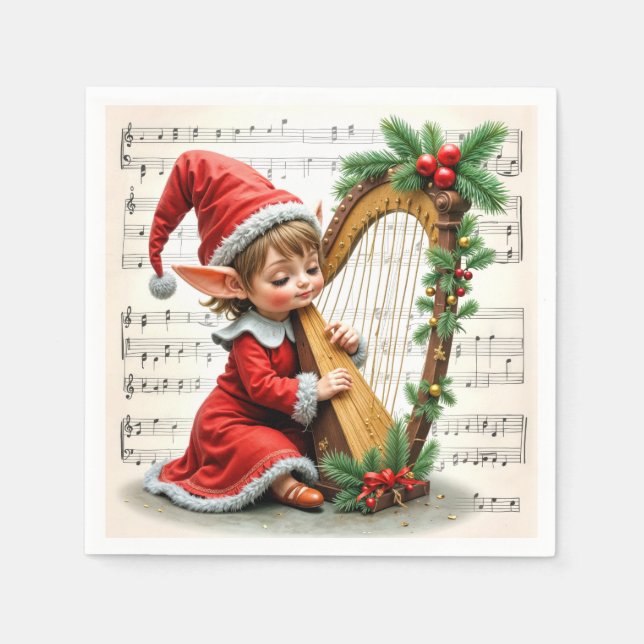 Weihnachtself spielt Harfe Serviette (Vorderseite)