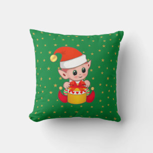 Weihnachtself & Sterne auf grün Kissen