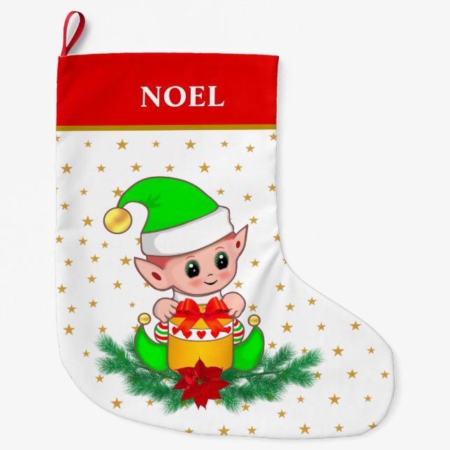 Weihnachtself, Sterne, Poinsettia & Kiefer auf Wei Großer Weihnachtsstrumpf (Vorderseite)