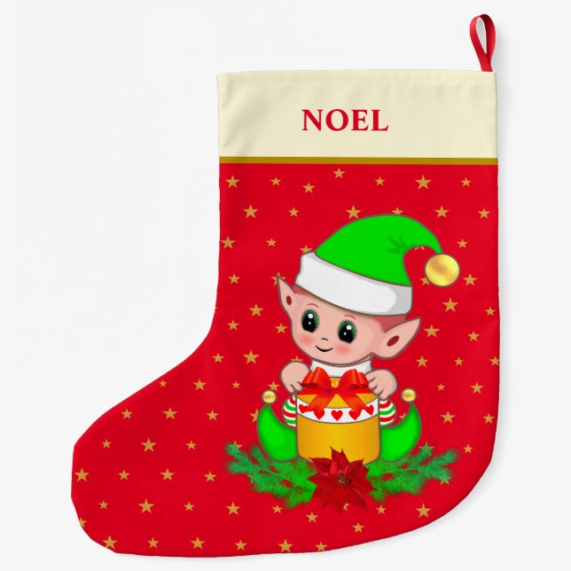 Weihnachtself, Sterne, Poinsettia & Pine auf Rot Großer Weihnachtsstrumpf (Rückseite)