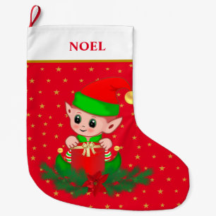 Weihnachtself, Sterne, Weihnachtsstern und Kiefer  Großer Weihnachtsstrumpf
