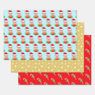 Weihnachtself, Sternmuster & Zuckerstangen auf Rot Geschenkpapier Set