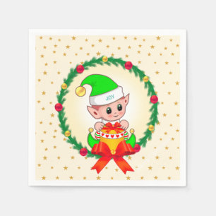 Weihnachtself, Tannenkranz & Sterne Serviette