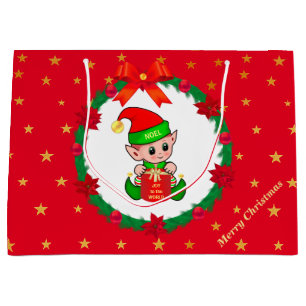 Weihnachtself, Tannenreif, Weihnachtssterne & Ster Große Geschenktüte